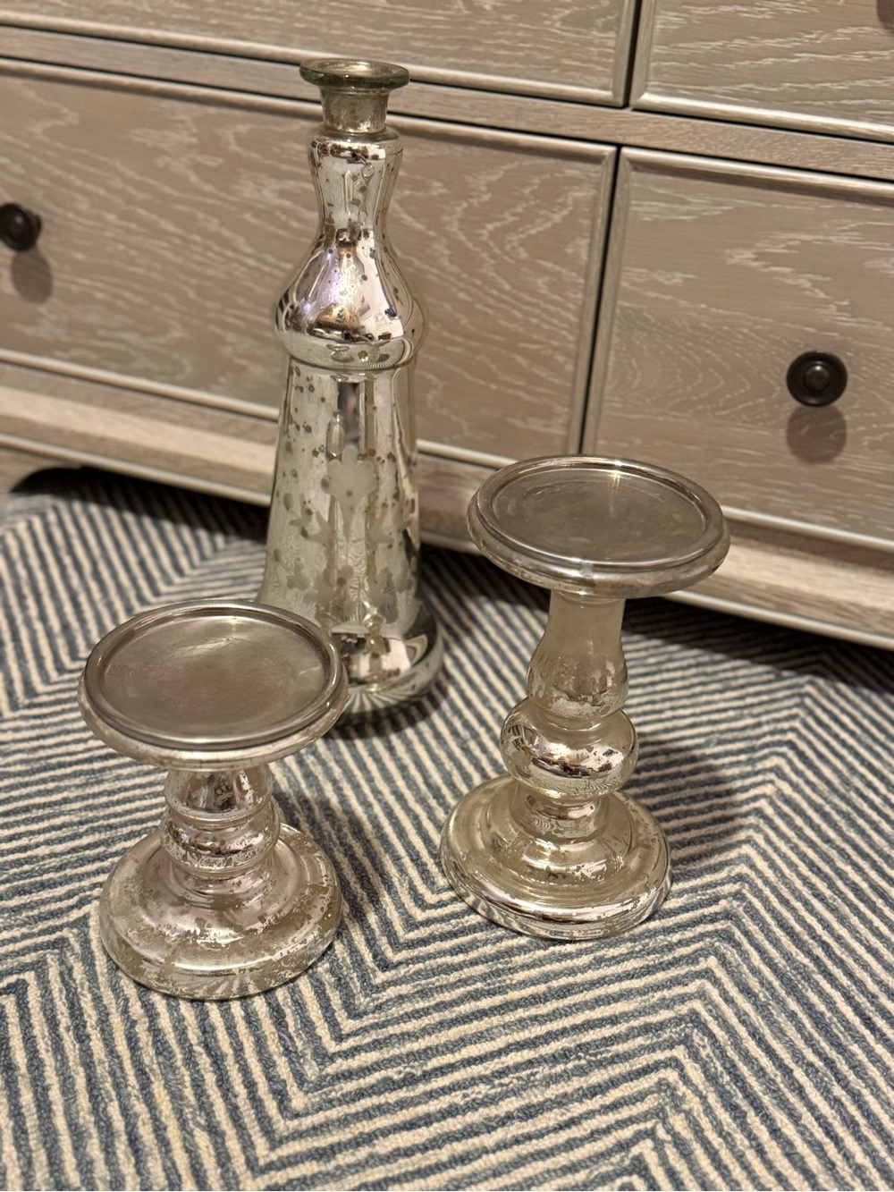 Pottery Barn Silver Mercury Glass Bottle and Pedestal Candle Holders